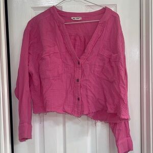 day + mood Bright Pink Cropped Button-Front Gauze Shirt